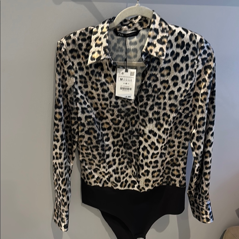 BNWT Zara Leopard Print Long Sleeve Blouse Bodysuit Silk Effect Size M